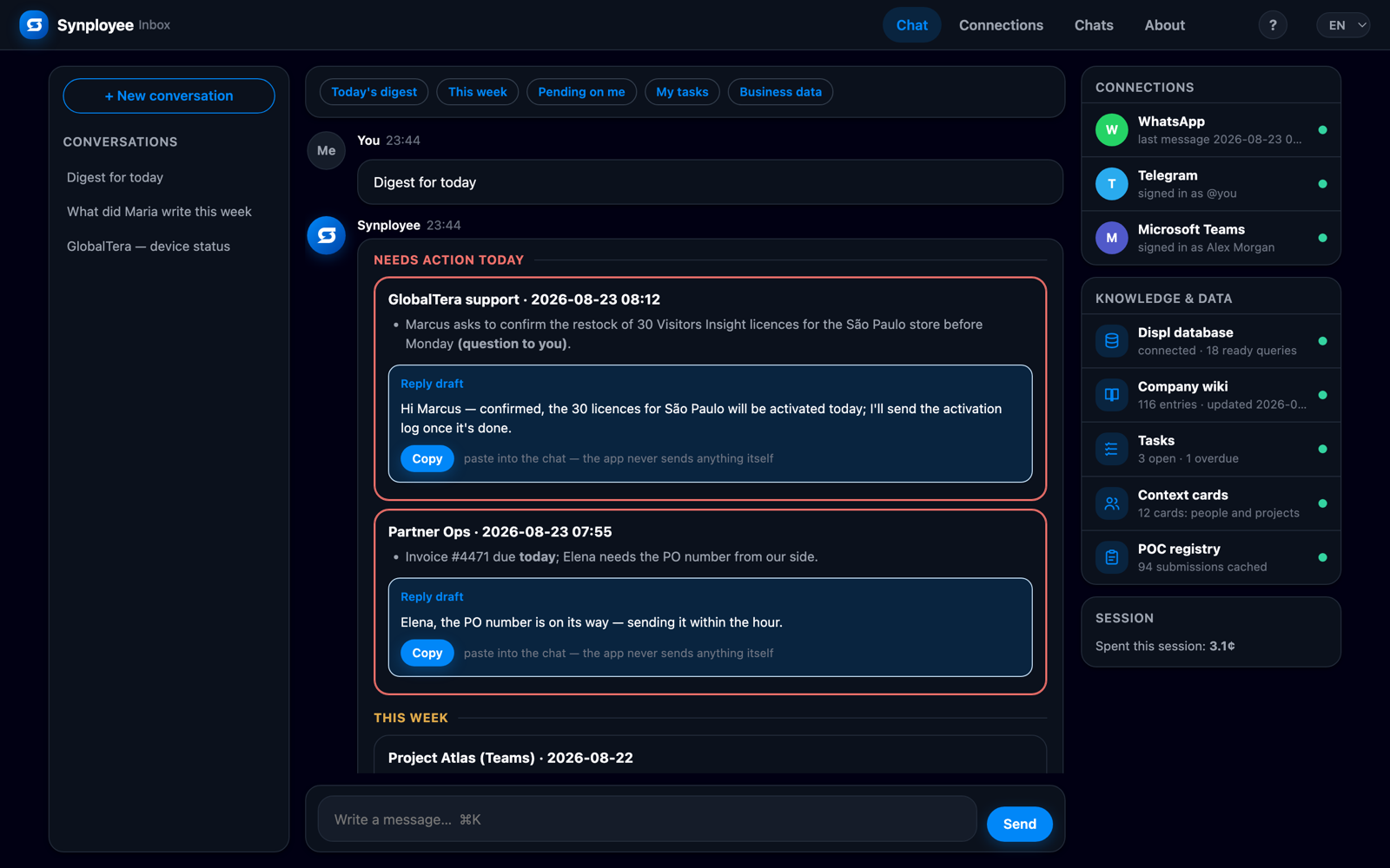 Synployee Assistant: today's digest with a reply draft